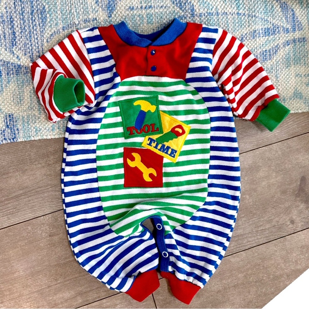 Vintage Buster Brown Baby Boy Colorful Striped Tools Theme Jumpsuit One Piece